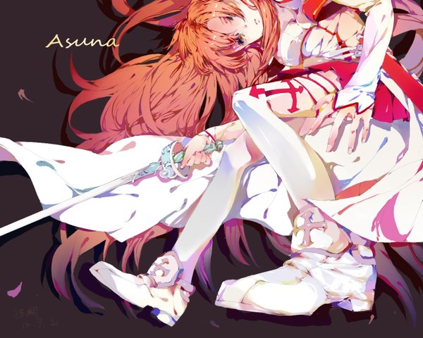 Anime picture 1280x1024 with sword art online a-1 pictures yuuki asuna yannysha single long hair brown eyes lying orange hair character names girl thighhighs weapon white thighhighs sword shoes