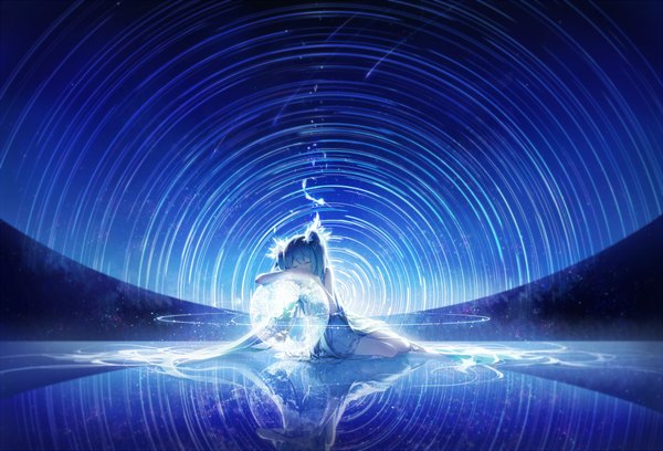 Anime picture 2000x1361 with vocaloid hatsune miku rella single long hair highres twintails eyes closed aqua hair night reflection shooting star girl dress earth