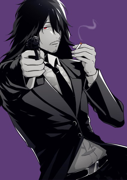 Anime picture 2480x3507 with boku no hero academia studio bones aizawa shouta alikumen single long hair tall image looking at viewer fringe highres simple background red eyes upper body hair over one eye alternate costume smoke purple background formal spot color polychromatic