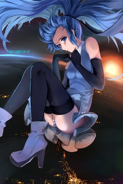 Anime picture 3000x4500 with original takamitsu-kun single long hair tall image highres blue eyes light erotic bare shoulders blue hair ponytail pleated skirt inscription high heels pantyshot city lights space falling girl thighhighs