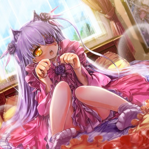 Anime picture 1196x1196 with rozen maiden barasuishou misaki (kyal 001) single long hair blush open mouth sitting animal ears purple hair indoors cat ears two side up lens flare lolita fashion girl dress flower (flowers) window rose (roses)