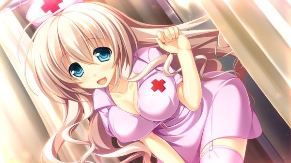 Anime picture 1280x720 with dekinai watashi ga, kurikaesu. akabei soft3 single long hair looking at viewer breasts open mouth blue eyes wide image game cg white hair nurse girl nurse cap