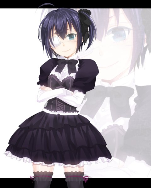 Anime picture 1200x1500 with chuunibyou demo koi ga shitai! kyoto animation takanashi rikka noi (0817xxx) single tall image looking at viewer short hair blue eyes smile blue hair one side up girl thighhighs dress ribbon (ribbons) black thighhighs hair ribbon eyepatch