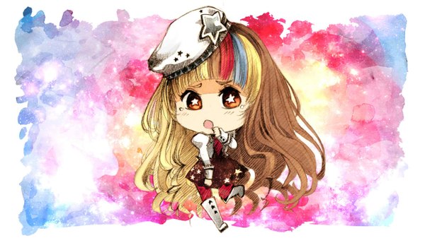 Anime picture 1366x768 with vocaloid galaco waterfallice single long hair open mouth blonde hair brown hair wide image multicolored hair streaked hair chibi girl dress hat
