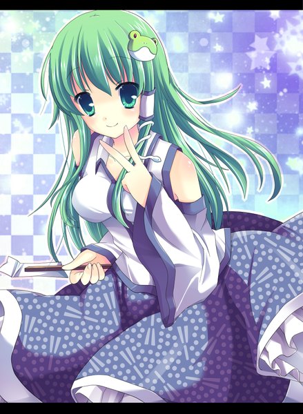Anime picture 1500x2048 with touhou kochiya sanae ringonotane (muku) single long hair tall image green eyes green hair victory letterboxed checkered background girl detached sleeves animal hair tubes