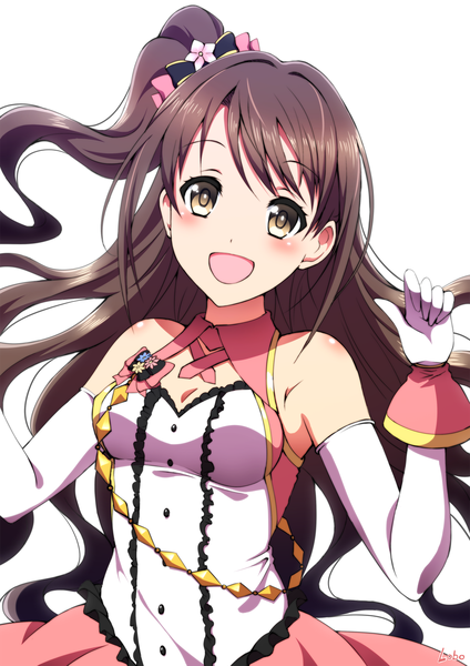 Anime picture 1191x1684 with idolmaster idolmaster cinderella girls shimamura uzuki ookami maito single long hair tall image looking at viewer blush fringe open mouth simple background brown hair white background bare shoulders brown eyes upper body one side up stage of magic girl