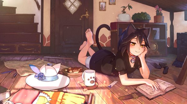 Anime picture 3000x1664 with original sachimaa single blush fringe highres short hair black hair smile wide image animal ears yellow eyes looking away bent knee (knees) indoors tail animal tail barefoot sunlight cat ears