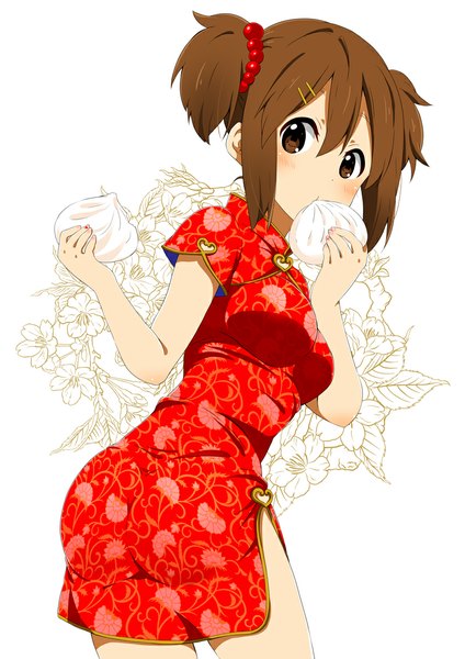 Anime picture 800x1131 with k-on! kyoto animation hirasawa yui ragho no erika single tall image looking at viewer blush short hair breasts brown hair twintails brown eyes ass nail polish turning head floral print chinese clothes eating girl