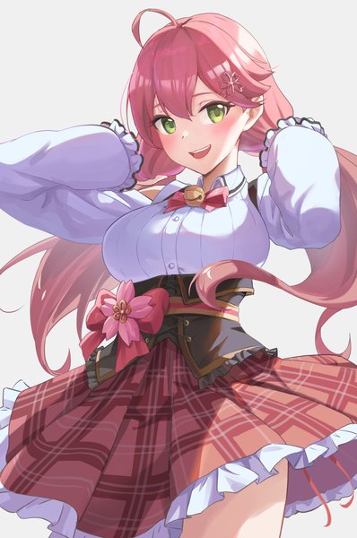 Anime picture 1616x2438 with virtual youtuber hololive sakura miko sakura miko (casual) reulem single long hair tall image looking at viewer blush fringe open mouth simple background hair between eyes green eyes pink hair ahoge :d grey background official alternate costume