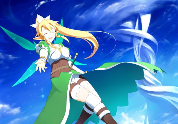Anime picture 1200x840 with sword art online a-1 pictures leafa kyokucho single long hair blonde hair sky cloud (clouds) braid (braids) eyes closed pointy ears twin braids girl thighhighs white thighhighs wings boots