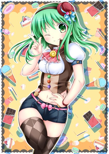 Anime picture 1200x1697 with vocaloid gumi inumine aya single long hair tall image looking at viewer blush green eyes one eye closed green hair wink midriff hand on hip girl thighhighs navel black thighhighs hat food