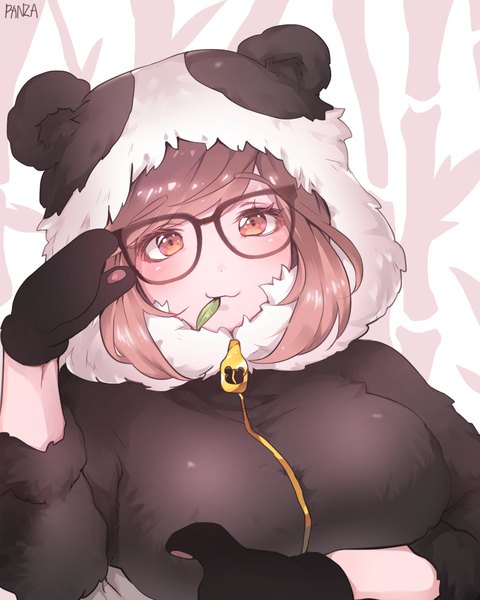 Anime picture 1600x2000 with overwatch blizzard entertainment mei (overwatch) panza single tall image looking at viewer blush fringe short hair breasts brown hair large breasts white background brown eyes signed animal ears upper body adjusting glasses animal hood