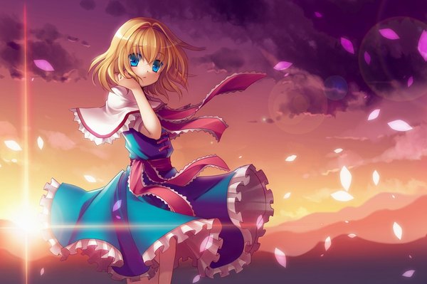 Anime picture 947x631 with touhou alice margatroid rie (reverie) single blush short hair blue eyes blonde hair sky cloud (clouds) sunlight adjusting hair evening sunset mountain sunbeam girl dress petals frills