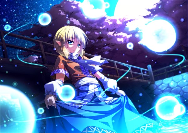 Anime picture 2480x1753 with touhou mizuhashi parsee ryosios single highres short hair blue eyes blonde hair smile pointy ears night night sky girl moon star (stars)