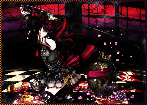 Anime picture 1405x1000 with original dia (artist) yellow eyes purple hair torn clothes border checkered floor gothic girl thighhighs flower (flowers) ribbon (ribbons) detached sleeves petals sword katana insect butterfly cross torn thighhighs