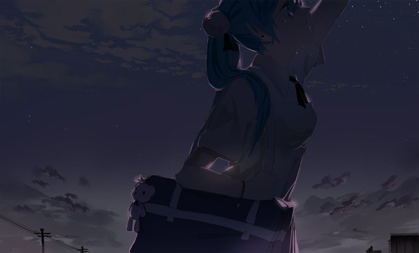 Anime picture 1750x1060 with vocaloid hatsune miku xiayu93 single long hair blush highres wide image twintails sky cloud (clouds) aqua eyes aqua hair night arms up tears crying sad girl uniform
