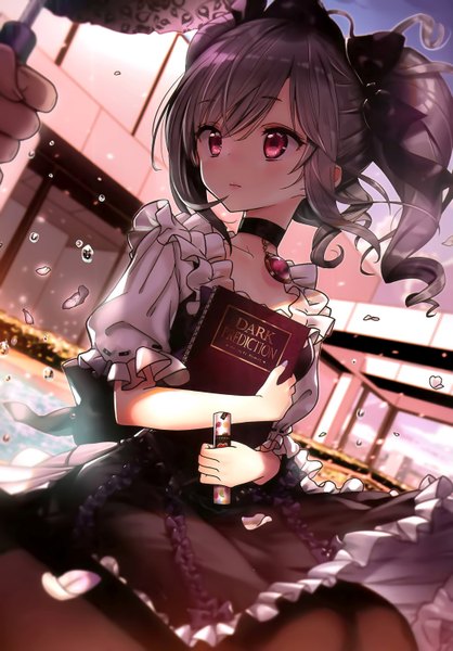 Anime picture 2091x3000 with idolmaster idolmaster cinderella girls kanzaki ranko tsukigami luna long hair tall image blush fringe highres sitting twintails holding looking away sky silver hair cloud (clouds) bent knee (knees) pink eyes wind sunlight