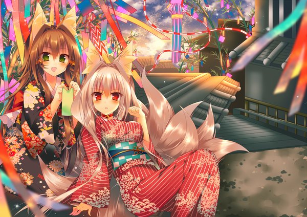 Anime picture 1697x1200 with original monaka natsume long hair looking at viewer blush fringe open mouth hair between eyes red eyes brown hair multiple girls green eyes animal ears silver hair cloud (clouds) bent knee (knees) tail lying traditional clothes :d