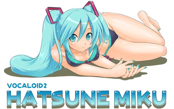 Anime picture 1920x1200 with vocaloid hatsune miku single long hair looking at viewer fringe highres breasts simple background hair between eyes wide image white background twintails full body lying nail polish barefoot aqua eyes aqua hair copyright name