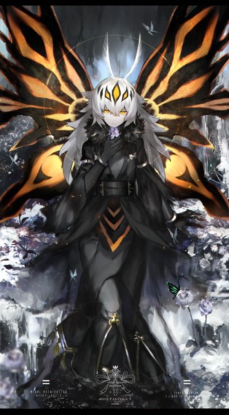 Anime picture 741x1338 with original pixiv fantasia pixiv fantasia t hou (ppo) single long hair tall image looking at viewer fringe hair between eyes signed yellow eyes silver hair parted lips multicolored hair magic gradient hair pale skin fantasy walking
