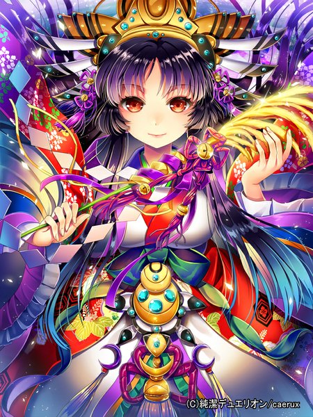 Anime picture 700x933 with junketsu duelion ells (ellsat) single long hair tall image smile purple hair traditional clothes japanese clothes orange eyes girl belt kimono bell jewelry crown jingle bell