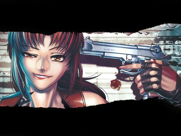 Anime picture 1024x768 with black lagoon madhouse revy (black lagoon) hiroe rei single long hair smile bare shoulders brown eyes ponytail red hair nail polish tattoo girl gloves weapon fingerless gloves gun