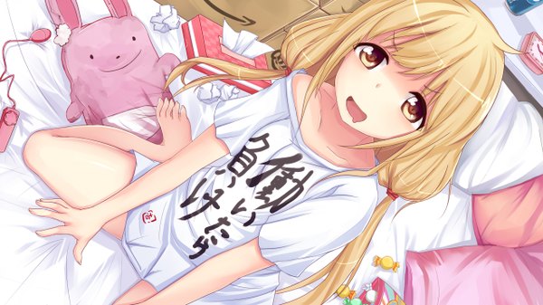 Anime picture 1280x720 with idolmaster idolmaster cinderella girls futaba anzu single long hair looking at viewer open mouth blonde hair wide image sitting twintails brown eyes payot from above low twintails wariza clothes writing girl pillow toy