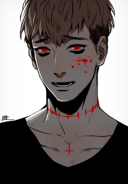 Anime picture 724x1035 with killing stalking oh sangwoo aoi fade single tall image looking at viewer fringe short hair open mouth black hair simple background hair between eyes red eyes brown hair white background multicolored hair lips eyebrows blood stains boy