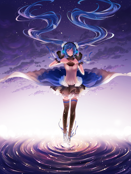 Anime picture 1500x2000 with 7th dragon 2020 vocaloid hatsune miku kkorichan single tall image fringe smile standing twintails signed payot blue hair cloud (clouds) ahoge eyes closed very long hair pleated skirt wind night