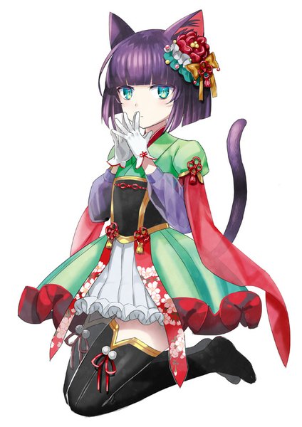 Anime picture 566x800 with original kuroinyan kuroi single tall image looking at viewer blush short hair breasts simple background white background animal ears purple hair ahoge bent knee (knees) tail blunt bangs traditional clothes animal tail aqua eyes