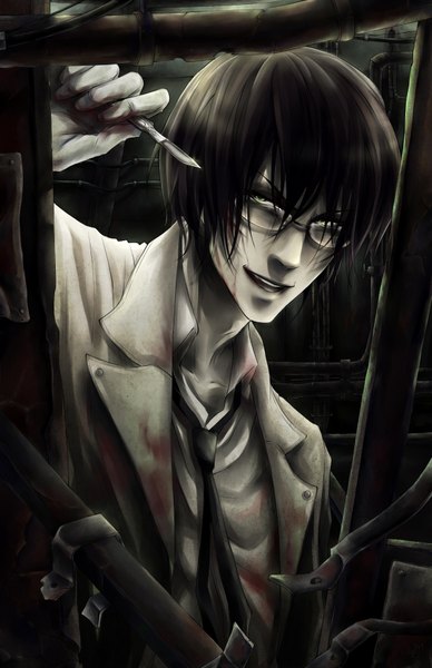 Anime picture 1200x1854 with original lorenamgrim single tall image looking at viewer fringe short hair open mouth black hair smile green eyes open collar abandoned boy glasses necktie blood coat scalpel
