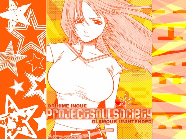Anime picture 1024x768 with bleach studio pierrot inoue orihime single looking at viewer fringe breasts large breasts upper body inscription character names floating hair monochrome girl belt star (symbol) t-shirt snowflake (snowflakes)