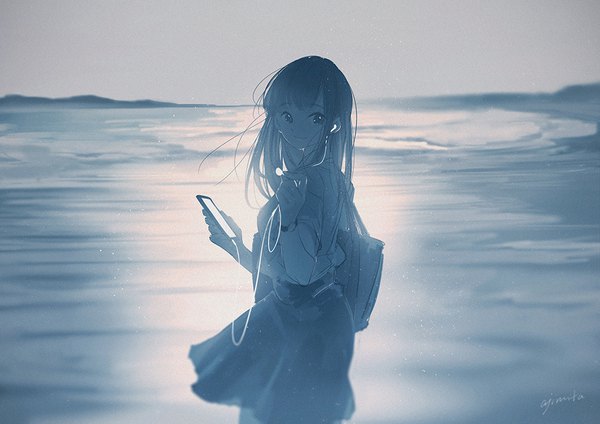 Anime picture 1000x707 with original ajimita single long hair looking at viewer fringe smile holding signed beach monochrome girl uniform school uniform headphones sea bag clock mobile phone smartphone