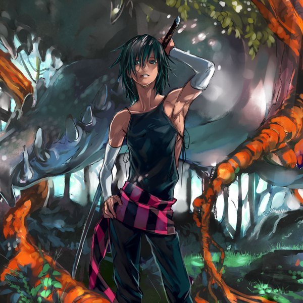 Anime picture 1500x1500 with original pixiv boys collections 2009 mike (pixiv id 4511) single looking at viewer short hair open mouth black hair standing bare shoulders black eyes teeth armpit (armpits) fang (fangs) hand on hip dark skin striped sharp teeth boy weapon