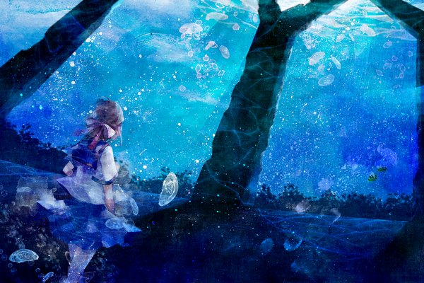 Anime picture 1080x720 with original atha29 single short hair brown hair standing sunlight back blue background underwater girl skirt bow ribbon (ribbons) hair bow animal water serafuku bubble (bubbles) fish (fishes)