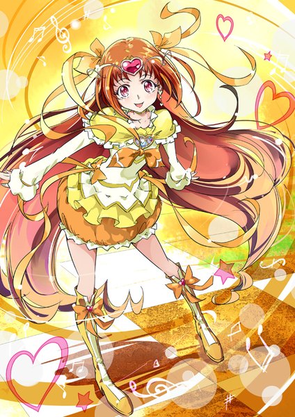 Anime picture 640x905 with precure suite precure toei animation shirabe ako cure muse (yellow) mousoup single tall image looking at viewer blush fringe open mouth very long hair pink eyes orange hair spread arms checkered floor floor magical girl treble clef