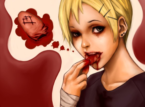 Anime picture 1200x889 with genk single short hair blonde hair grey eyes valentine girl earrings heart tongue blood bandage (bandages)
