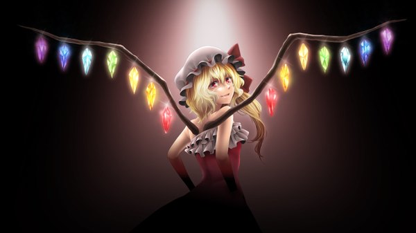 Anime picture 1280x720 with touhou flandre scarlet arkatopia single short hair blonde hair smile red eyes wide image looking back one side up dark background girl dress wings bonnet crystal