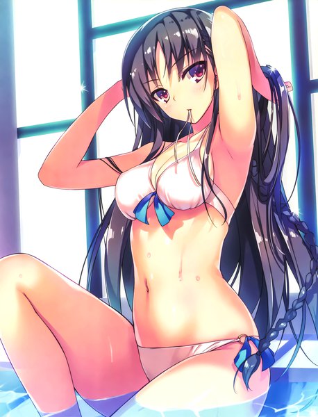 Anime picture 5258x6881 with youkoso jitsuryoku shijou shugi no kyoushitsu e horikita suzune tomose shunsaku single long hair tall image looking at viewer blush fringe highres breasts light erotic black hair red eyes sitting holding absurdres cleavage bent knee (knees) braid (braids)