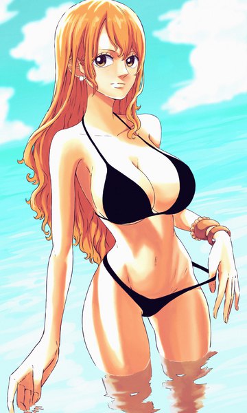 Anime picture 3000x5000 with one piece toei animation nami (one piece) sherumaru (korcht06) single long hair tall image looking at viewer fringe highres breasts light erotic hair between eyes large breasts standing payot sky cleavage cloud (clouds) outdoors
