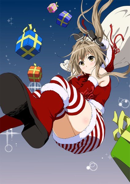 Anime picture 849x1200 with amagi brilliant park kyoto animation sento isuzu yoshiki360 single long hair tall image looking at viewer brown hair brown eyes ponytail girl thighhighs skirt bow hair bow detached sleeves boots striped thighhighs gift