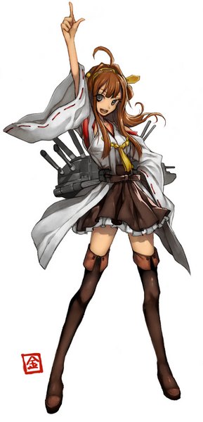 Anime picture 1152x2388 with kantai collection kongou battleship wadani hitonori single long hair tall image fringe open mouth smile brown hair standing white background pleated skirt wide sleeves pointing nontraditional miko girl skirt hair ornament weapon
