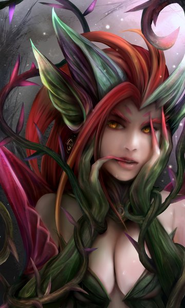 Anime picture 1200x2000 with league of legends zyra (league of legends) zhang xiao bo single long hair tall image breasts light erotic bare shoulders looking away red hair horn (horns) realistic orange eyes girl plant (plants)