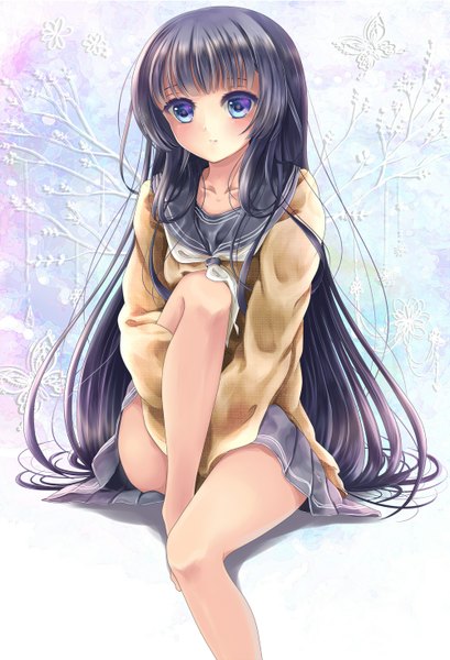 Anime picture 1000x1466 with original puracotte single long hair tall image blush blue eyes black hair sitting legs girl skirt uniform school uniform miniskirt serafuku