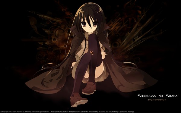 Anime picture 1920x1200 with shakugan no shana j.c. staff shana single long hair looking at viewer highres black hair wide image sitting brown eyes girl thighhighs black thighhighs