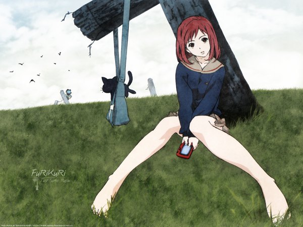 Anime picture 1600x1200 with flcl gainax samejima mamimi canti takkun single looking at viewer short hair sitting holding brown eyes sky cloud (clouds) full body bent knee (knees) red hair parted lips head tilt barefoot bare legs