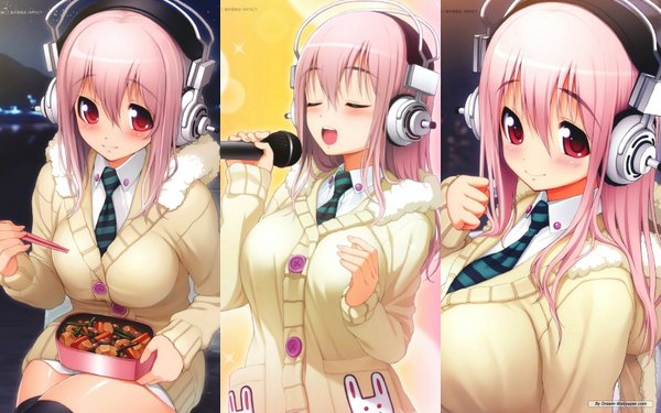 Anime picture 1680x1050 with nitroplus super sonico single long hair looking at viewer blush fringe breasts open mouth smile wide image large breasts standing sitting holding pink hair eyes closed pink eyes sparkle eating
