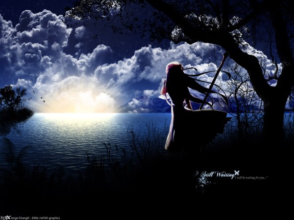 Anime picture 1280x960 with shinigami no ballad momo (shinigami no ballad) nanakusa honchay single long hair standing signed sky cloud (clouds) evening sunset third-party edit silhouette backlighting girl plant (plants) tree (trees) water sea