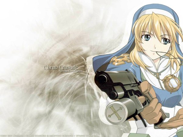Anime picture 1280x960 with chrono crusade gonzo rosette christopher long hair blue eyes blonde hair inscription mouth hold nun girl gloves weapon gun cross