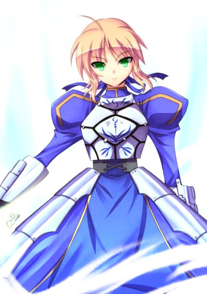 Anime picture 1447x2047 with fate (series) fate/stay night studio deen type-moon artoria pendragon (all) saber ka2 (artist) single tall image short hair simple background blonde hair green eyes ahoge girl dress armor